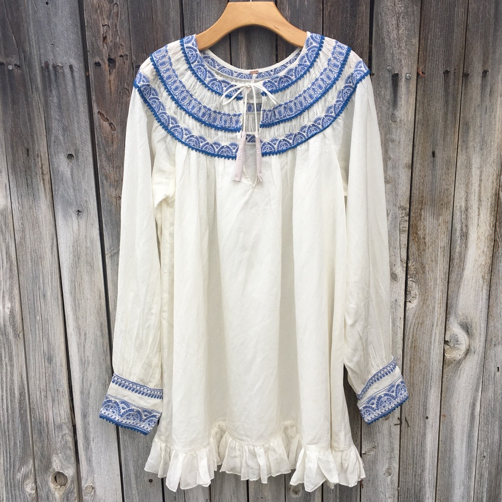 NWT Free People Erin Embroidered Mini Dress Cotton Viscose Ivory Combo L - Picture 10 of 16